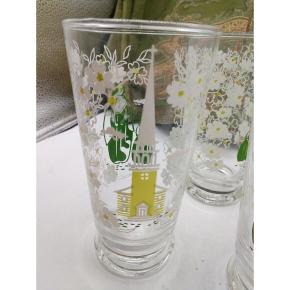 Set Of 4 Vintage Floral & Village Scene Glass Tumblers Amish - Picture 3 of 6